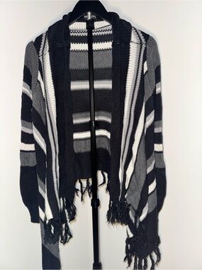 Wet Seal Black, Gray & White Striped Fringe Open-Front Sweater